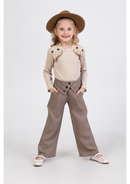 Kazayağı Pantolonlu Düğme Detaylı 2 li takım - Sütlü Kahve