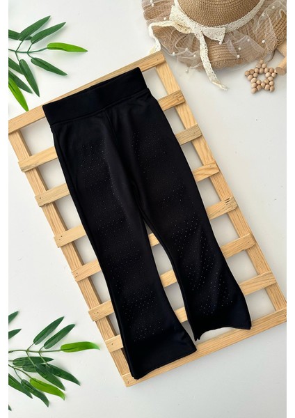 Taşlı Ispanyol Çelik Kız Çocuk tayt - Siyah