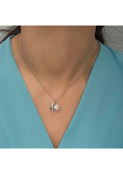 925 Ayar Gümüş Opal Beyaz Taşlı Ay Güneş Kadın Kolye fırsatları