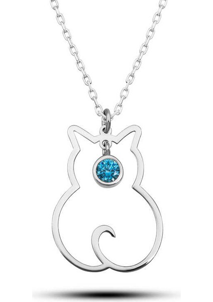 925 Ayar Gümüş Aralık Ayı Doğum Taşı Kedi Kadın Kolye