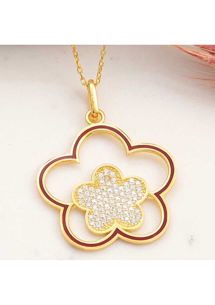 ​925 Ayar Gümüş Gold Çiçek Desenli Kadın Kolye