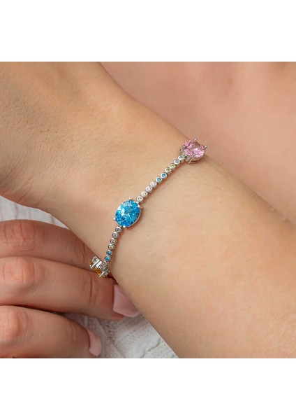 Gümüş Mix Taşlı Oval Su Yolu Kadın Bileklik