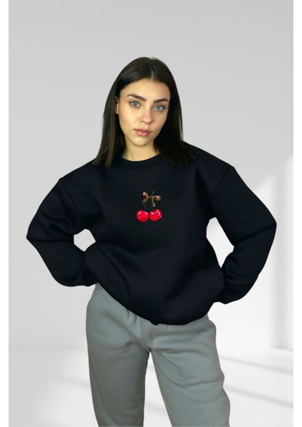 Leopar Desenli Kiraz Baskılı Özel Tasarım Pamuklu Oversize Sweatshirt