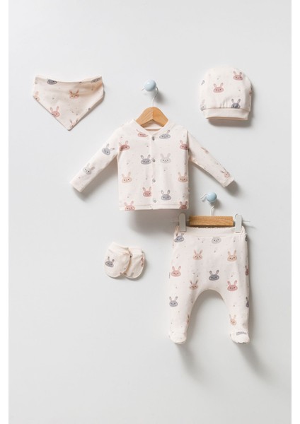 Unisex Sevimli Tavşan Desenli Natural 5li Hastane Çıkışı Zıbın Seti modelleri