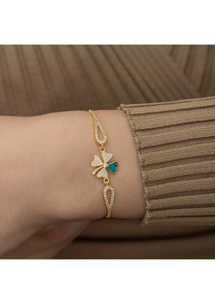 925 Ayar Gümüş Gold Nazarlı Yonca Bileklik fiyatları