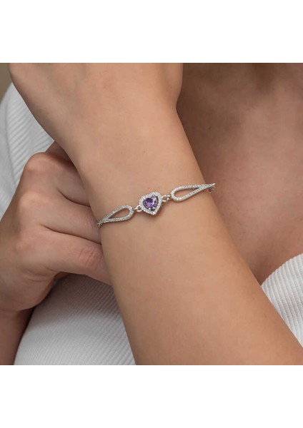 Gümüş Mor Zirkon Taşlı Kalp Bileklik modelleri