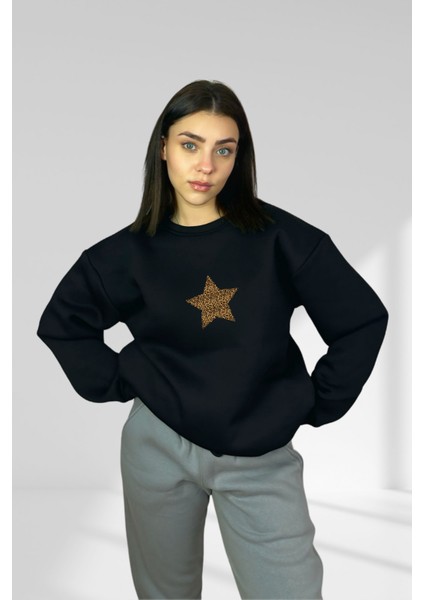 Leopar Desenli Yıldız Özel Tasarım Oversize Pamuklu Sweatshirt