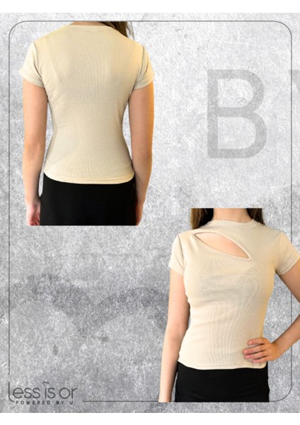 Pencereli Kısa Kollu Slim Bej Renk T-Shirt
