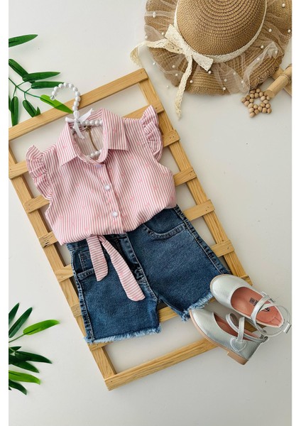 Kalp Baskılı Gömlekli Kot Şortlu Kız Çocuk 2 li takım - Pembe