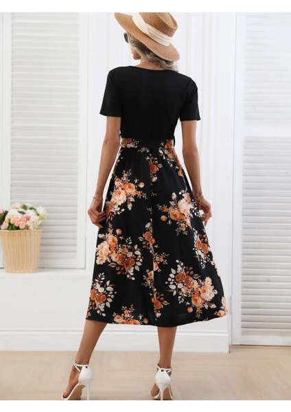Butik Kadın Kısa Kollu V Yakalı Üst Viskon Alt Süprem Midi Elbise