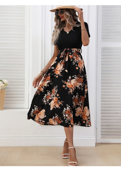Butik Kadın Kısa Kollu V Yakalı Üst Viskon Alt Süprem Midi Elbise