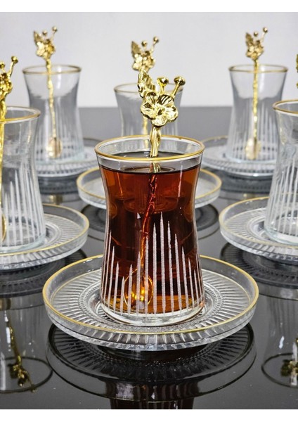 18 Parça Gold Yaldızlı Japon Gülü Çay Seti, Cam, 6 Bardak, 6 Tabak, 6 Kaşıklı