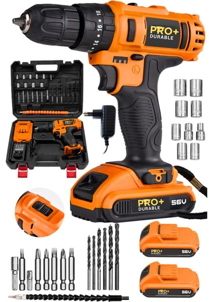 Pro+ Durable England Technology Darbeli 56 V 5 Ah Bakır Sargılı Çift Akülü Şarjlı Vidalama Matkapset