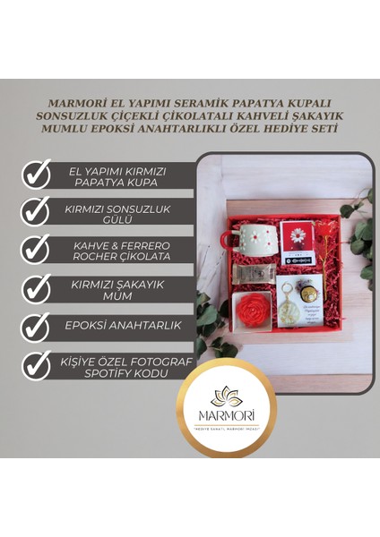 El Yapımı Seramik Papatya Kupa Sonsuzluk Gül Çikolata Kahve Şakayık Mum Epoksi Anahtarlk Hediye Seti