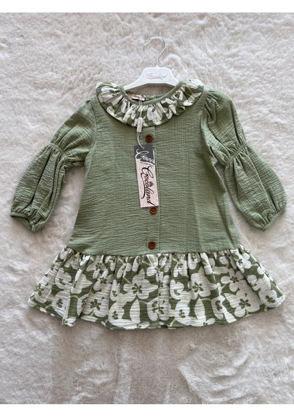 Yakası Eteği Çiçekli Müslin Elbise