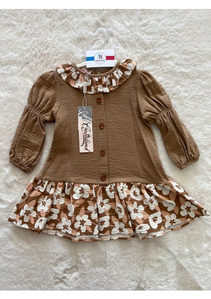 Yakası Eteği Çiçekli Müslin Elbise