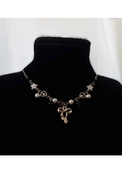 Black & White Coquette Tema Fiyonk Charm Ribbon Kolye Y2K fiyatları