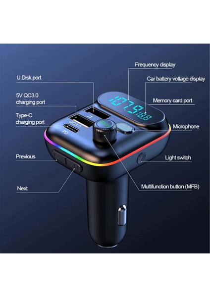Rgb Işıklı Bluetooth Fm Transmitter Qc3.0 Pd 20W Hızlı Şarjlı Car Mp3 Çalar USB Destekli
