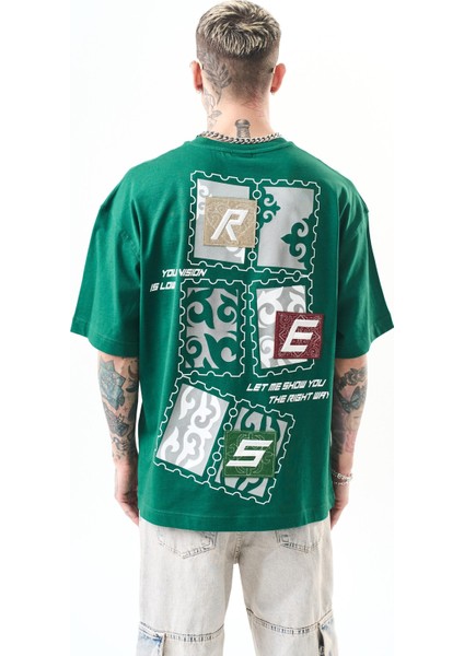 Erkek Low Vision Nakışlı Oversize T-Shirt Nefti