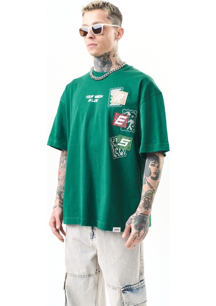 Erkek Low Vision Nakışlı Oversize T-Shirt Nefti modelleri