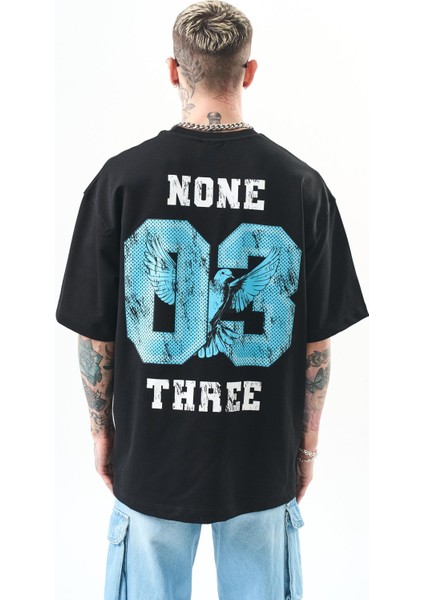 Erkek None Three Baskılı Oversize T-Shirt Siyah