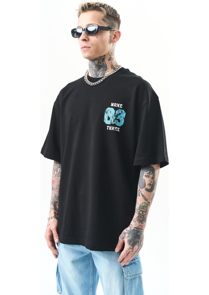 Erkek None Three Baskılı Oversize T-Shirt Siyah modelleri
