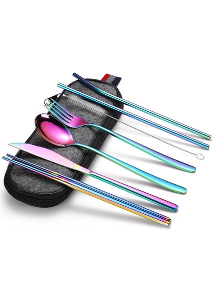 8 Parça Çantalı Yolculuk Çatal Bıçak Kaşık Pipet Chopstick Seti Kamp Okul Ofis Tatil Paslanmaz Çelik Renkli