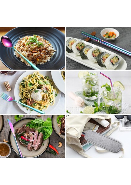 8 Parça Çantalı Yolculuk Çatal Bıçak Kaşık Pipet Chopstick Seti Kamp Okul Ofis Tatil Paslanmaz Çelik Renkli modelleri