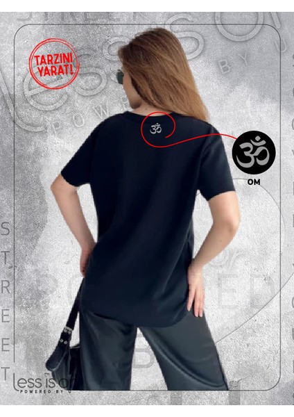 Om/Ohm Sembollü Lazer Kesim Siyah Basic Tshirt