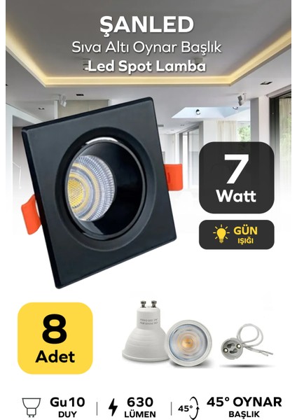 7W Sıva Altı Oynar Başlık GU10 Kare Siyah Gün Işığı LED Spot Lamba-8 Adet