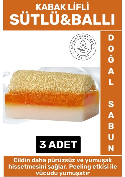 Özel Üretim Masaj Etkili Nemlendirici Kuruluk Giderici Doğal Kabak Lifli Sütlü Ballı Sabun 3 Adet