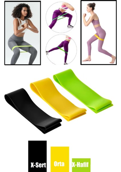 3'lü Set Direnç Bandı 60 cm (X-Hafif - Orta - X-Sert) Pilates Jimnastik Egzersiz Yoga Mini - Loop Band