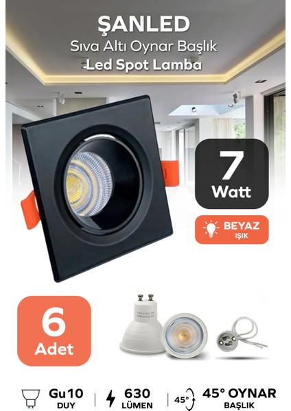 7W Sıva Altı Oynar Başlık GU10 Kare Siyah Beyaz Işık LED Spot Lamba-6 Adet