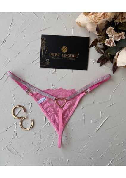 Passione Parlak Şerit Detaylı Pembe/siyah Esnek Arkası Kalp Aksesuar Detaylı String