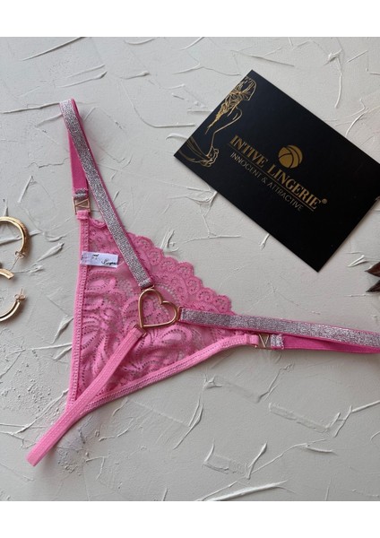 Passione Parlak Şerit Detaylı Pembe/siyah Esnek Arkası Kalp Aksesuar Detaylı String