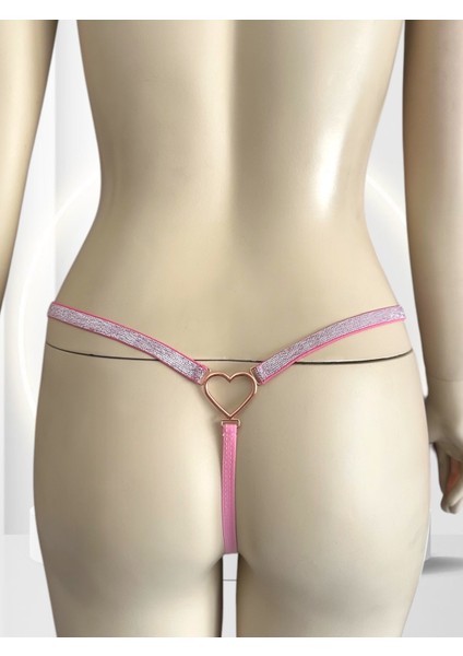 Passione Parlak Şerit Detaylı Pembe/siyah Esnek Arkası Kalp Aksesuar Detaylı String