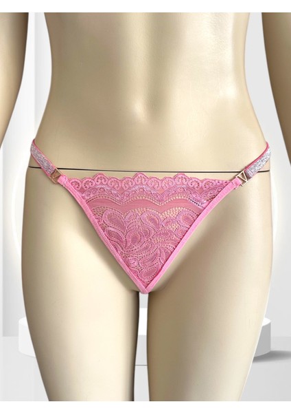 Passione Parlak Şerit Detaylı Pembe/siyah Esnek Arkası Kalp Aksesuar Detaylı String