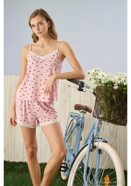 Ip Askılı Şortlu Pembe Kalp Desenli Pijama Takımı - 2780