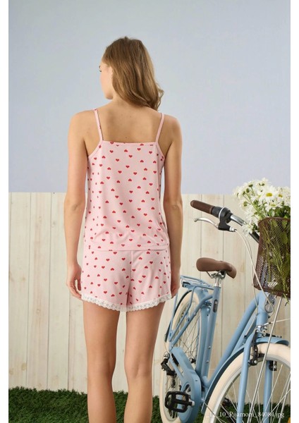 Ip Askılı Şortlu Pembe Kalp Desenli Pijama Takımı - 2780