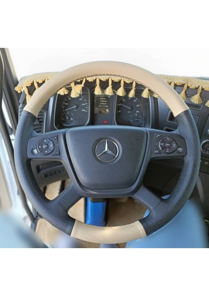 Dikişli Direksiyon Kılıfı Bej Deri Noktalı Deri Siyah Dikişli Mercedes Tır Kamyon Için