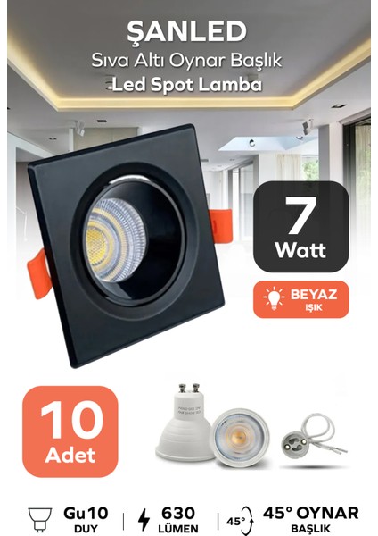 6W Sıva Altı Oynar Başlık GU10 Kare Siyah Beyaz Işık LED Spot Lamba-10 Adet