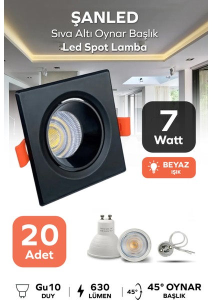 7W Sıva Altı Oynar Başlık GU10 Kare Siyah Beyaz Işık LED Spot Lamba-20 Adet