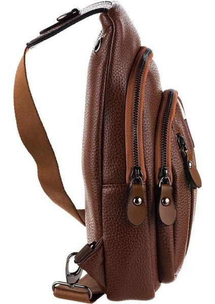 Vegan Deri Unisex Çapraz Göğüs ve Omuz Çantası Body Bag - Taba