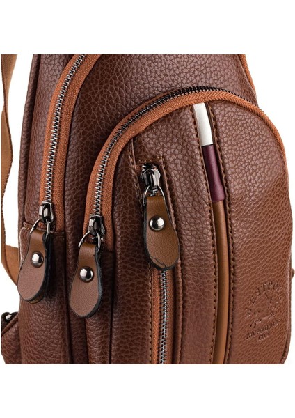 Vegan Deri Unisex Çapraz Göğüs ve Omuz Çantası Body Bag - Taba