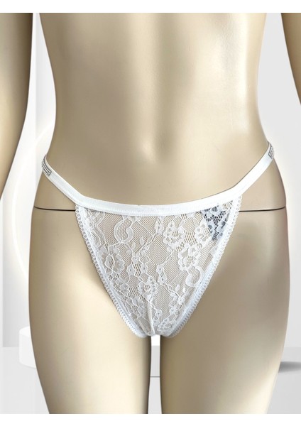 Intive Vs Dantelli Arkası ve Yanları Parlak Taşlı Ultra Şık Kaliteli G-String (Siyah-Beyaz)