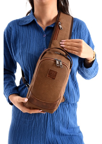Unisex Suni Deri ve Kanvas Kumaş Çapraz Göğüs ve Omuz Çantası Body Bag - Taba