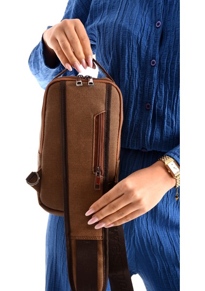 Unisex Suni Deri ve Kanvas Kumaş Çapraz Göğüs ve Omuz Çantası Body Bag - Taba