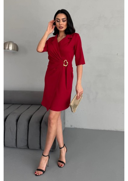 Belde Toka Detaylı Yarım Kol Ceket Yaka Double Krep Kumaş Kadın Ofis & Abiye Elbise 037