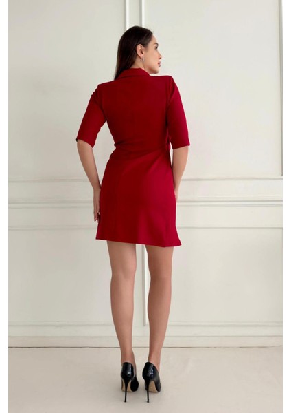 Belde Toka Detaylı Yarım Kol Ceket Yaka Double Krep Kumaş Kadın Ofis & Abiye Elbise 037 modelleri