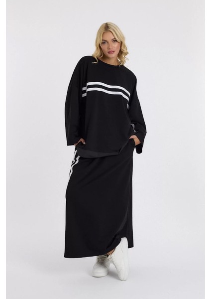 Siyah Şerit Detay Sweatshirt Etek Ikili Takım